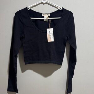 Meraki Black Ribbed Long Sleeve Crop Top